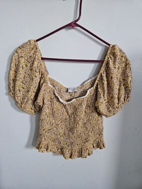 Dress Forum Mustard Floral Smocked Puff-Sleeve Crop Top
